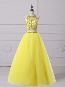 Beading Prom Party Dress Yellow Backless Sleeveless Floor Length