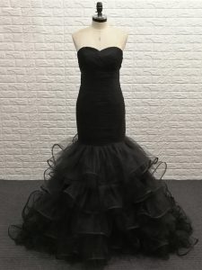 Attractive Mermaid Prom Party Dress Black Sweetheart Tulle Sleeveless Floor Length Zipper