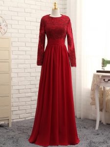 Long Sleeves Floor Length Lace and Appliques Zipper Prom Dresses with Wine Red