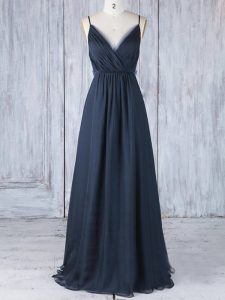 Ruching Quinceanera Dama Dress Navy Blue Backless Sleeveless Floor Length