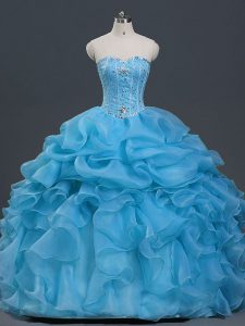 Smart Baby Blue Sleeveless Organza Lace Up Quince Ball Gowns for Military Ball and Sweet 16 and Quinceanera