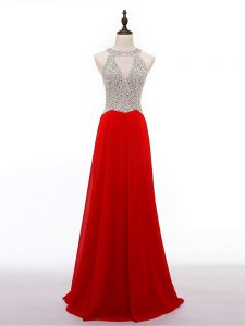 Discount Red Chiffon Zipper Dress for Prom Sleeveless Beading