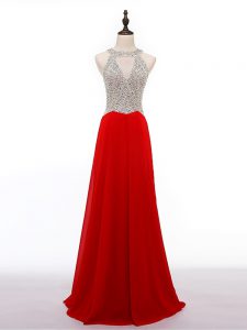 Discount Red Chiffon Zipper Dress for Prom Sleeveless Beading