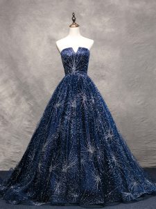 Great Navy Blue Prom Party Dress V-neck Sleeveless Brush Train Lace Up