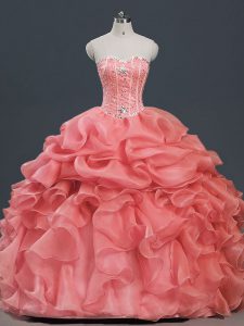 Fantastic Watermelon Red Sweetheart Lace Up Beading and Ruffles and Pick Ups Quince Ball Gowns Sleeveless