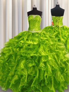 Edgy Olive Green Quince Ball Gowns Military Ball and Sweet 16 and Quinceanera with Beading and Ruffles Strapless Sleeveless Lace Up