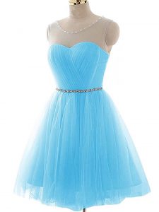 Aqua Blue A-line Tulle Scoop Sleeveless Beading and Ruching Mini Length Lace Up