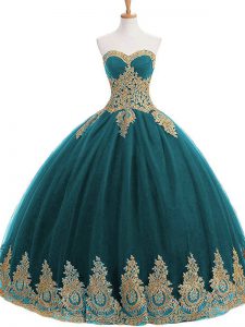Teal Sweetheart Neckline Appliques Quinceanera Gowns Sleeveless Lace Up