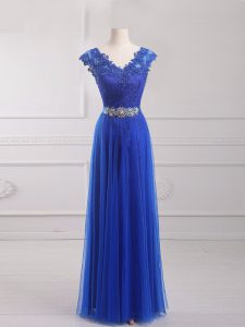 Royal Blue Tulle Lace Up Prom Evening Gown Short Sleeves Floor Length Beading and Lace and Appliques and Belt