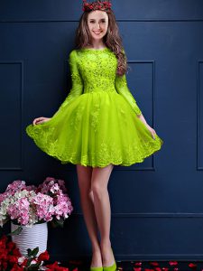 Mini Length Yellow Green Dama Dress Scalloped 3 4 Length Sleeve Lace Up