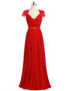 Fantastic Short Sleeves Chiffon Floor Length Zipper in Red with Beading and Ruching and Belt