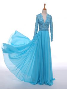 V-neck Long Sleeves Zipper Prom Dresses Baby Blue Chiffon