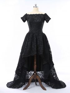 High Class Scalloped Short Sleeves Prom Party Dress High Low Lace Black Lace