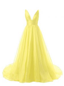 Flare Yellow Backless V-neck Ruching Prom Party Dress Organza Sleeveless Brush Train