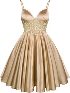 Customized Champagne A-line Elastic Woven Satin Spaghetti Straps Sleeveless Lace Knee Length Lace Up Vestidos de Damas