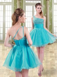 Romantic Mini Length Aqua Blue Prom Dresses One Shoulder Sleeveless Zipper