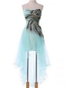 High Low Lace Up Prom Evening Gown Aqua Blue for Prom and Sweet 16 with Appliques