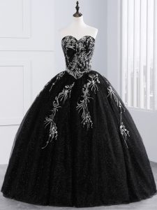 Embroidery Vestidos de Quinceanera Black Lace Up Sleeveless Floor Length