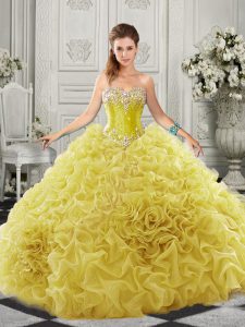 Admirable Court Train Ball Gowns 15 Quinceanera Dress Yellow Sweetheart Organza Sleeveless Lace Up