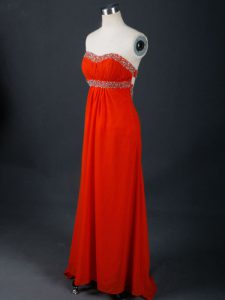 Floor Length Backless Coral Red for Prom and Party with Beading