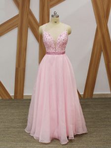 Glorious Baby Pink A-line Chiffon V-neck Sleeveless Beading and Embroidery Floor Length Zipper Prom Party Dress
