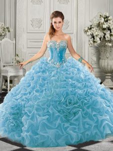 Beading and Ruffles 15th Birthday Dress Aqua Blue Lace Up Sleeveless Court Train