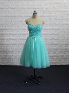 Comfortable Knee Length Lace Up Prom Party Dress Apple Green for Prom and Party with Beading and Sashes ribbons