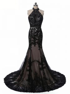 Luxury Halter Top Sleeveless Prom Party Dress Brush Train Lace and Appliques Black Tulle and Lace