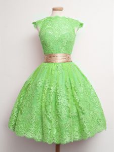 High Quality Green Ball Gowns Belt Quinceanera Dama Dress Lace Up Lace Cap Sleeves Knee Length