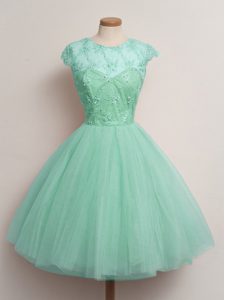 Ball Gowns Vestidos de Damas Apple Green Scoop Tulle Cap Sleeves Knee Length Lace Up