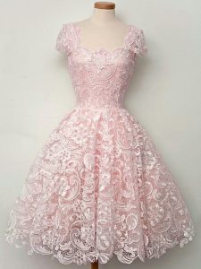 Lovely Baby Pink Cap Sleeves Lace Lace Up Quinceanera Court of Honor Dress for Prom and Party and Wedding Party