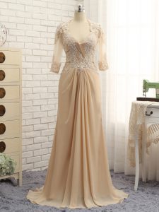 Elegant Chiffon Long Sleeves Prom Party Dress Brush Train and Beading and Lace and Appliques
