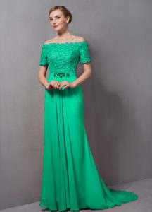 Traditional Sweep Train Empire Dress for Prom Green Off The Shoulder Chiffon Short Sleeves Zipper