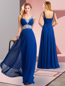 Wonderful V-neck Sleeveless Dress for Prom Beading Royal Blue Chiffon