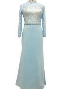 Light Blue Column/Sheath Lace Prom Dress Side Zipper Chiffon Long Sleeves Floor Length
