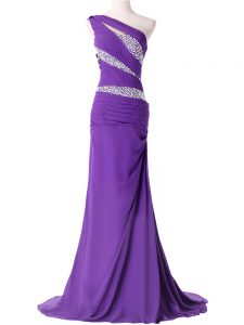 Lace Up Prom Gown Purple and In with Beading and Ruching Brush Train