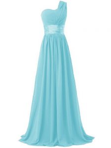 Custom Designed Aqua Blue One Shoulder Lace Up Ruching Quinceanera Court of Honor Dress Sleeveless