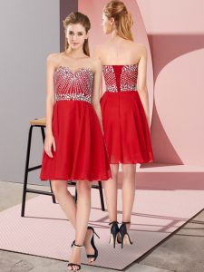 Knee Length Lace Up Prom Dress Red for Prom and Party and Sweet 16 with Beading