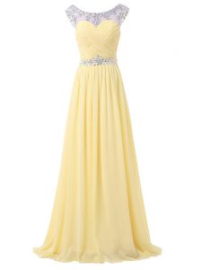 Stunning Light Yellow Scoop Neckline Beading and Ruching Prom Gown Sleeveless Backless