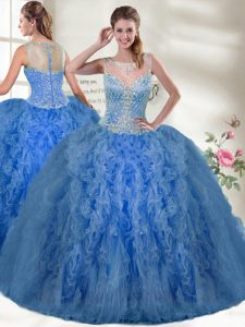 Clearance Blue Sleeveless Beading and Ruffles Floor Length Quinceanera Dresses