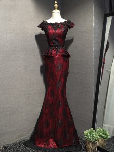 Deluxe Red And Black Sleeveless Lace Lace Up Prom Party Dress for Prom and Military Ball