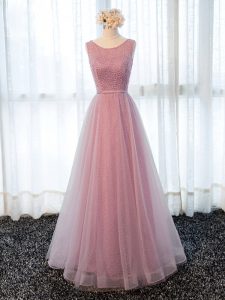 Ideal Floor Length Pink Prom Dresses Tulle Sleeveless Beading and Belt