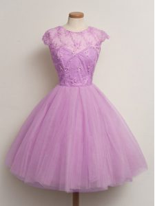 Custom Design Lilac Scoop Neckline Lace Quinceanera Dama Dress Cap Sleeves Lace Up