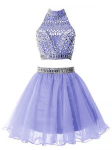 Sleeveless Organza Knee Length Zipper Dama Dress for Quinceanera in Lavender with Beading