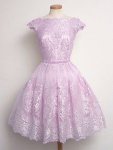 Most Popular Lilac A-line Lace Scalloped Cap Sleeves Lace Knee Length Lace Up Quinceanera Dama Dress