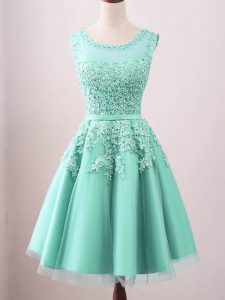 Super Turquoise Tulle Lace Up Quinceanera Court of Honor Dress Sleeveless Knee Length Lace
