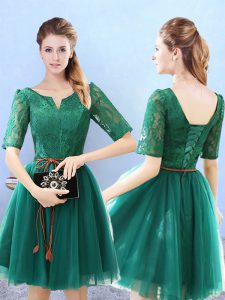 A-line Court Dresses for Sweet 16 Green Scoop Tulle Half Sleeves Knee Length Lace Up