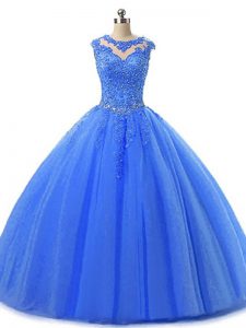 Smart Blue Lace Up Scoop Beading and Lace Ball Gown Prom Dress Tulle Sleeveless