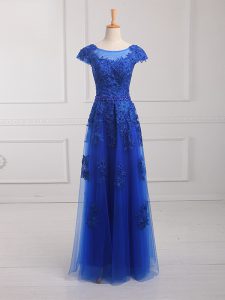 Popular Royal Blue Column/Sheath Beading and Lace and Appliques Homecoming Dress Lace Up Tulle Short Sleeves Floor Length