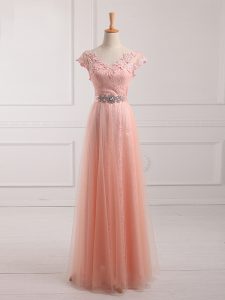 High Class Tulle and Lace Short Sleeves Floor Length Prom Dress and Beading and Lace and Appliques